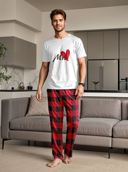 Men'S Polyester Crew Neck T-Shirt and Pants Set, Red Heart Print Tee with Red Checkered Pants, Medium Stretch Knit Fabric, Regular Fit, 97% Polyester 3% Elastane, Comfortable Home Wear