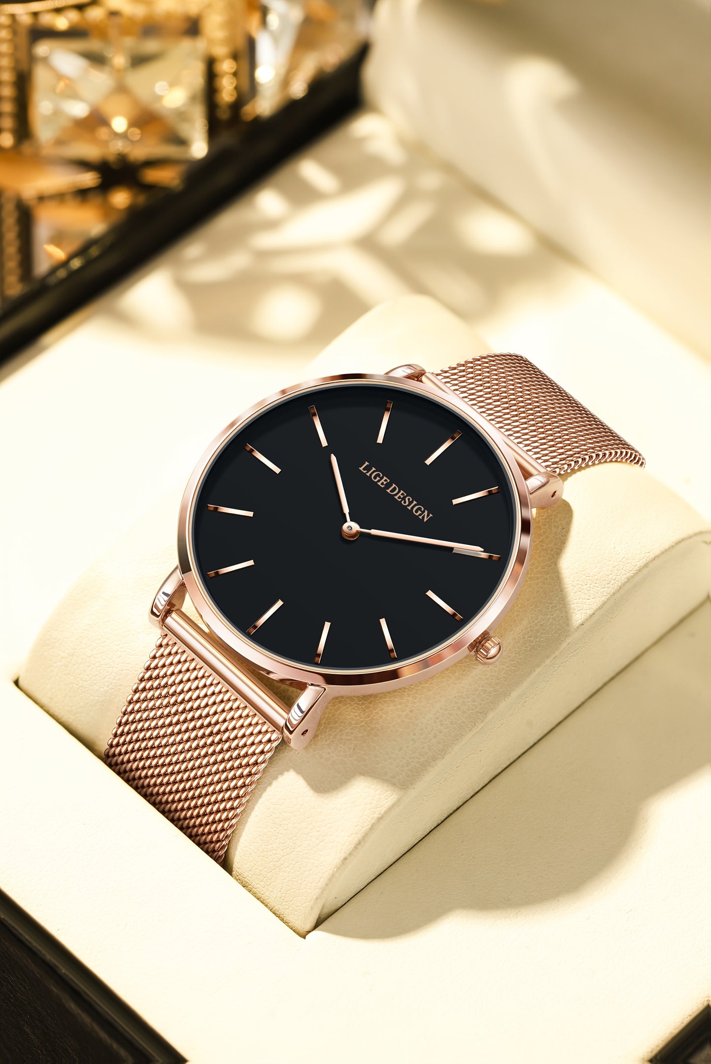 LIGE Women'S Ultra-Thin Quartz Watch with Rose Golden Mesh Strap - Elegant Blue Dial, Minimalist Design, Perfect Gift for Mother'S Day, Christmas, Thanksgiving, Christmas Accessory | Minimalist Watch | Quartz Movement