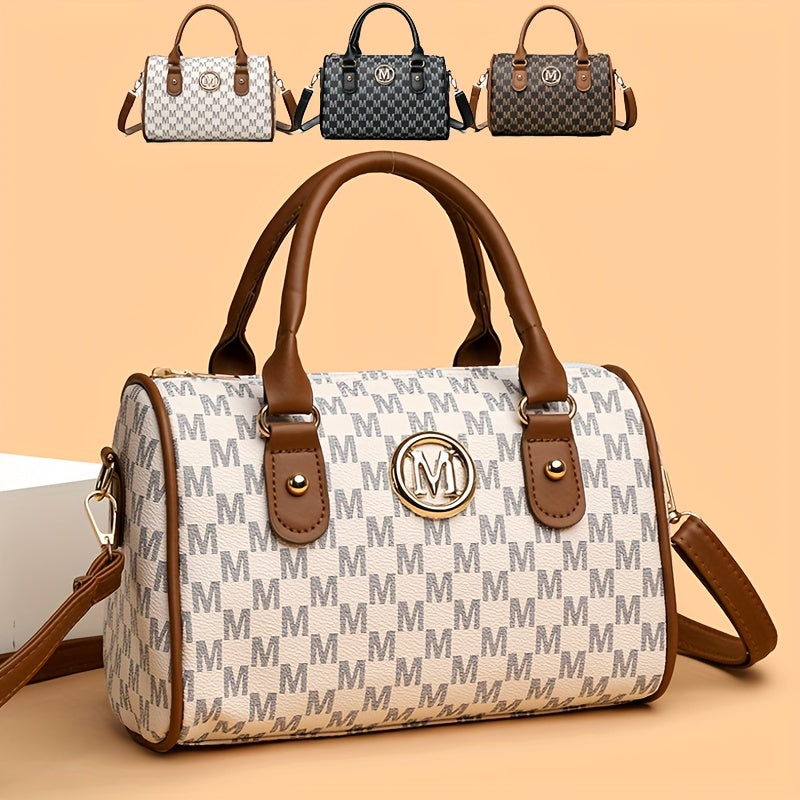 Perfect Lily Women'S Mini Shoulder Bag with Golden "M" Monogram - Elegant Houndstooth Design, Detachable Strap, Lightweight Synthetic Faux Leather Purse for Work, Travel, Parties & Gifts (White/Black/Brown), Small Crossbody B