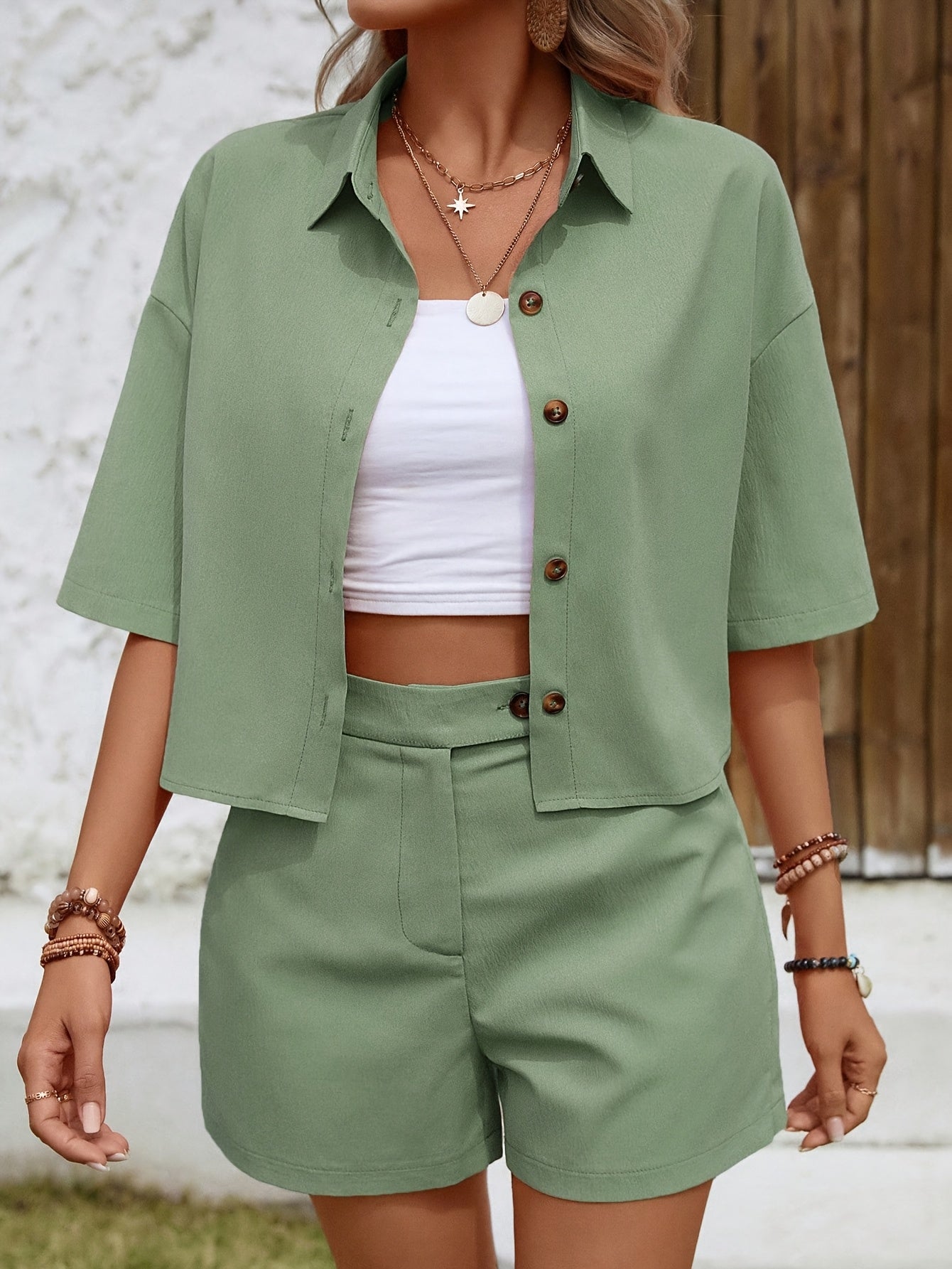 Stylish Versatile Short Sleeve Shirt + High-Waist Shorts Set 009