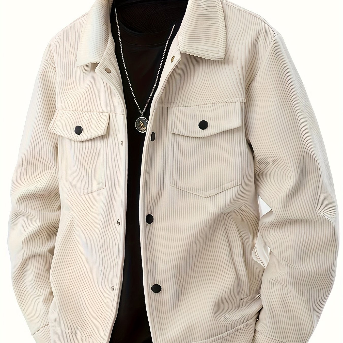 Men'S Plus Size Corduroy Bomber Jacket - Casual Workwear with Snap Buttons, Flap Pockets, and Polyester Lining - Machine Washable, Autumn & Spring Fashion, Casual Outerwear | Casual Jacket | Polyester Lining Jacket