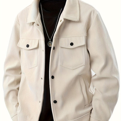 Men'S Plus Size Corduroy Bomber Jacket - Casual Workwear with Snap Buttons, Flap Pockets, and Polyester Lining - Machine Washable, Autumn & Spring Fashion, Casual Outerwear | Casual Jacket | Polyester Lining Jacket