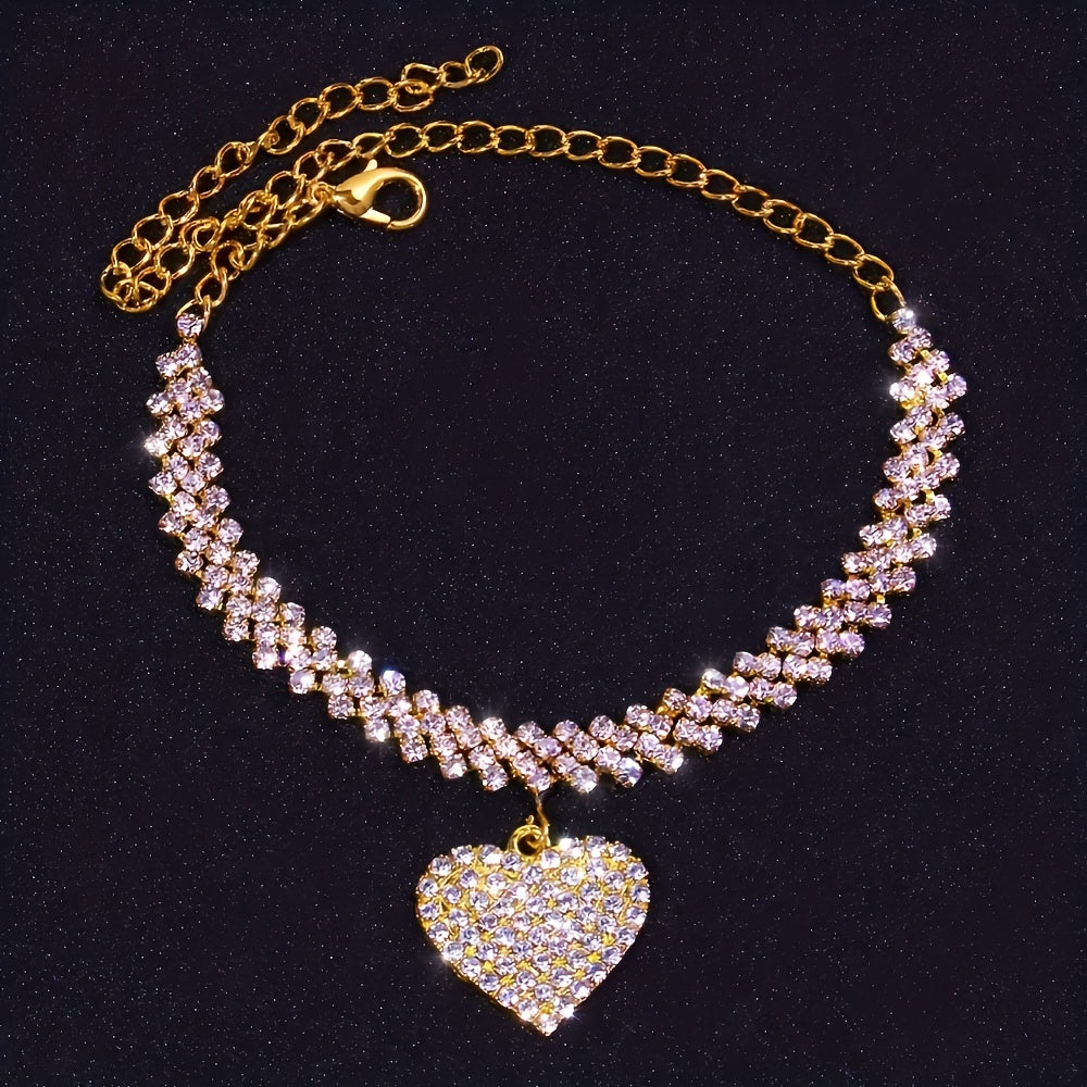 2pcs/set Fashion Fashion Jewelry Luxury Sparkling Rhinestone Rhinestone Peach Heart Love Anklet Bracelet Set Ladies Party Wedding Engagement Jewelry