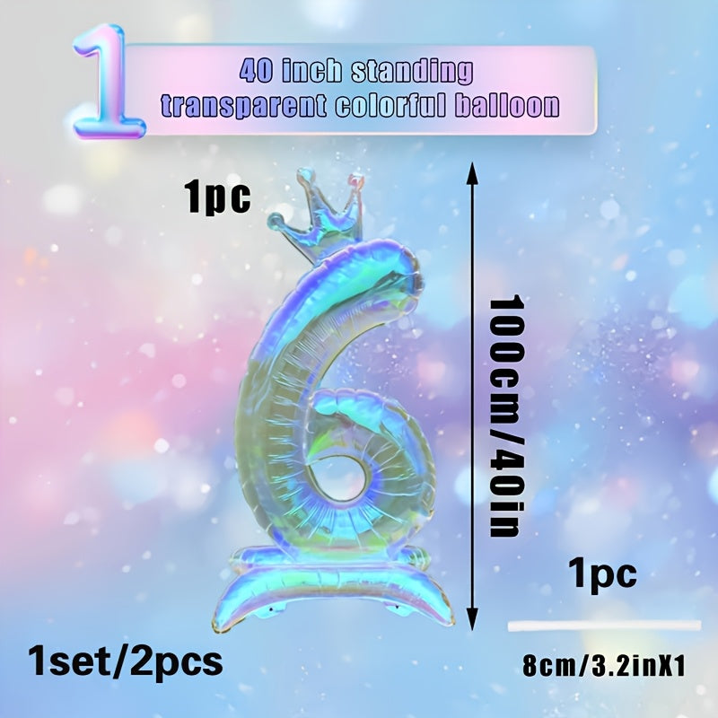 2pcs, 1pc 101.6cm transparent large digital balloon with crown and base + 1 straw, aluminum foil material, suitable for birthday party decoration, photo props, anniversary celebrations, Valentine's Day, New Year celebrations,