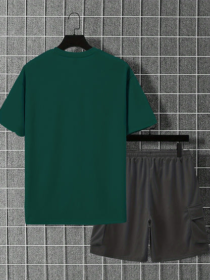 New Loose Fit Breathable Men's Crew Neck Short Sleeve T-Shirt and Workwear Style Multi-Pocket Shorts Set, Summer Casual Sportswear Two-Piece Outfit, Stylish Versatile Top and Pants for Both Men and Women