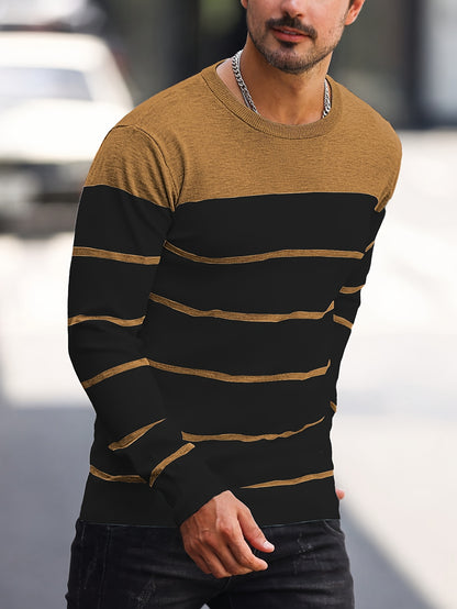 Men's Casual Striped Knit Pullover Sweater - Navy & White Contrast, Regular Fit H-Silhouette, Long Sleeve Crew Neck, Medium Stretch, Machine Washable for Spring & Fall, Mediumstretch Fabric