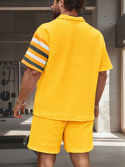 Men'S Sporty Casual Polo Shirt & Shorts Set - Quick-Dry, Breathable, Digital Red Stripe Design, Short Sleeve, Polyester Blend, Ideal for Spring/Fall Workouts, Casual Attire|Striped Shorts|Polyester Blen