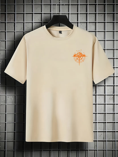 Men's Short Sleeve T-Shirt 100% Polyester Loose Fit Casual Round Neck Navy Blue with Golden Compass Rose Mountain Print - Summer Outdoor Adventure Graphic Tee, Modern Casual Top | Easy Care Clothing
