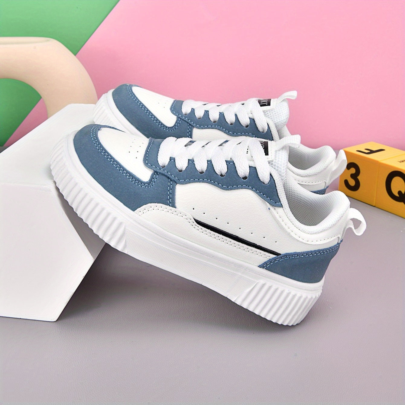 Boys Girls Low-Top Casual Sneakers - White & Navy Blue Synthetic Cover with EVA Cushioned Sole, Breathable Fabric Lining & Durable Durable Traction for School, Sports & Casual Attire, School Shoes, Sleek Shoe Design
