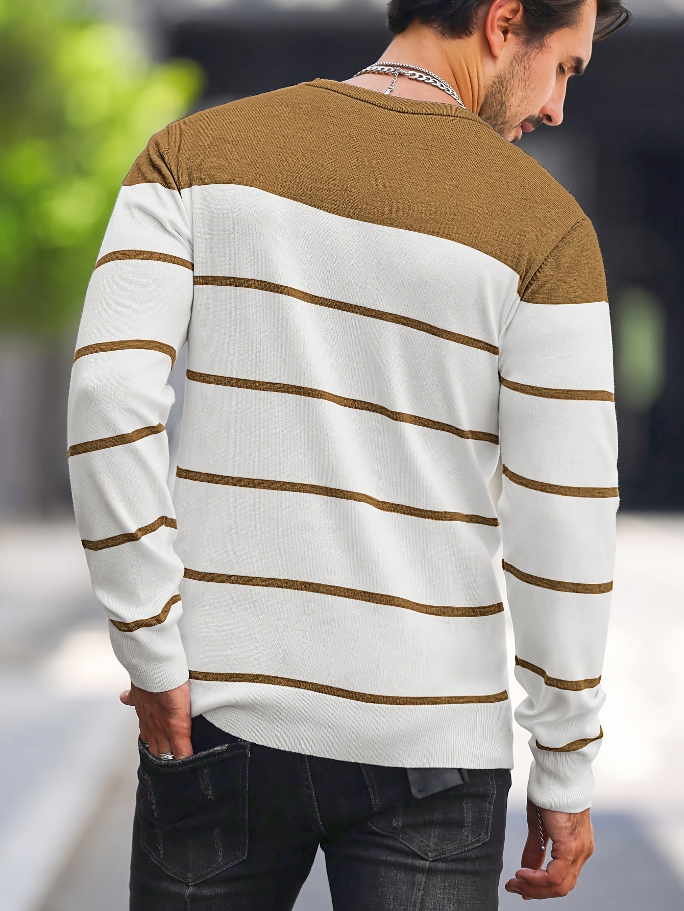 Men's Casual Striped Knit Pullover Sweater - Navy & White Contrast, Regular Fit H-Silhouette, Long Sleeve Crew Neck, Medium Stretch, Machine Washable for Spring & Fall, Mediumstretch Fabric
