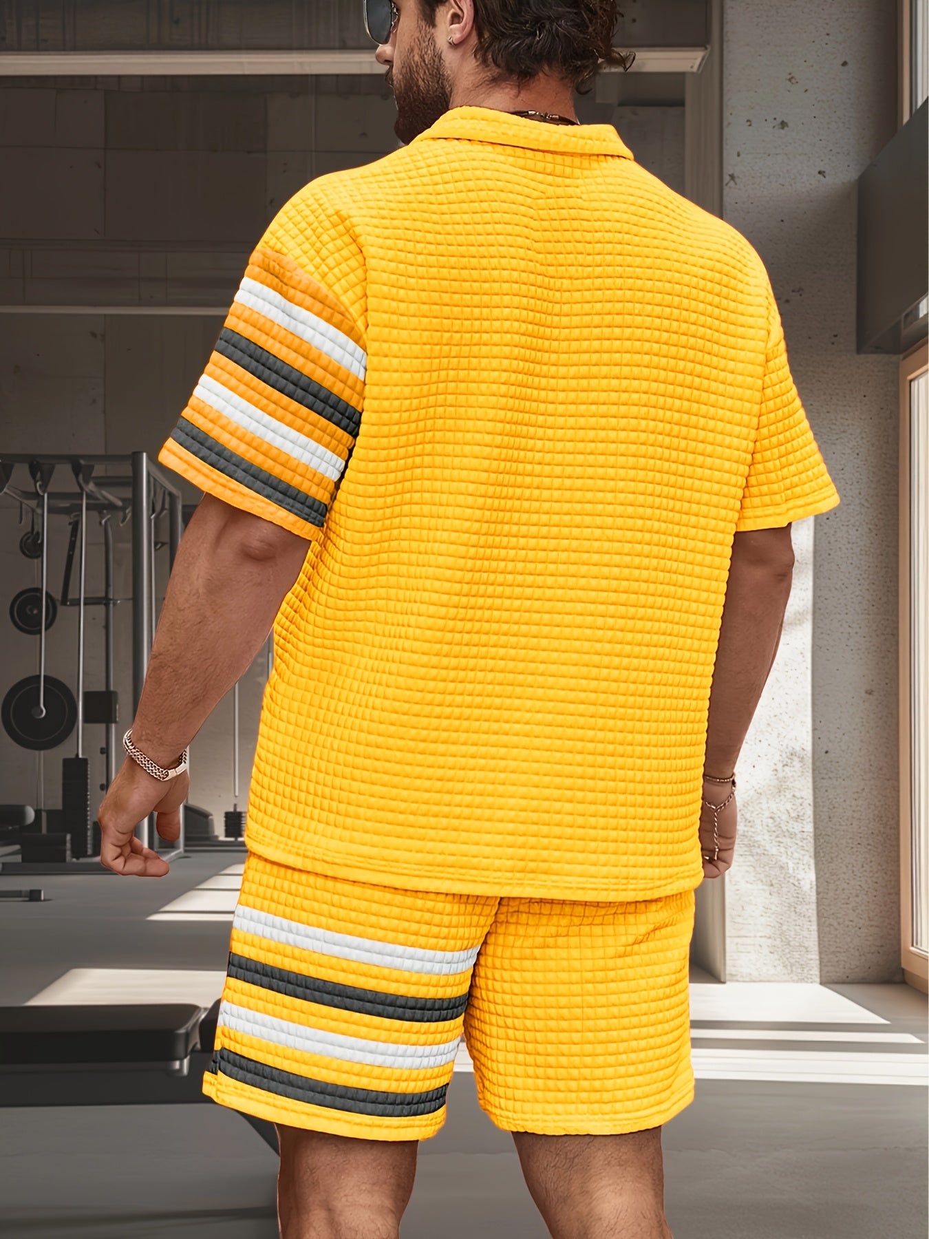 Men'S Sporty Casual Polo Shirt & Shorts Set - Quick-Dry, Breathable, Digital Red Stripe Design, Short Sleeve, Polyester Blend, Ideal for Spring/Fall Workouts, Casual Attire|Striped Shorts|Polyester Blen