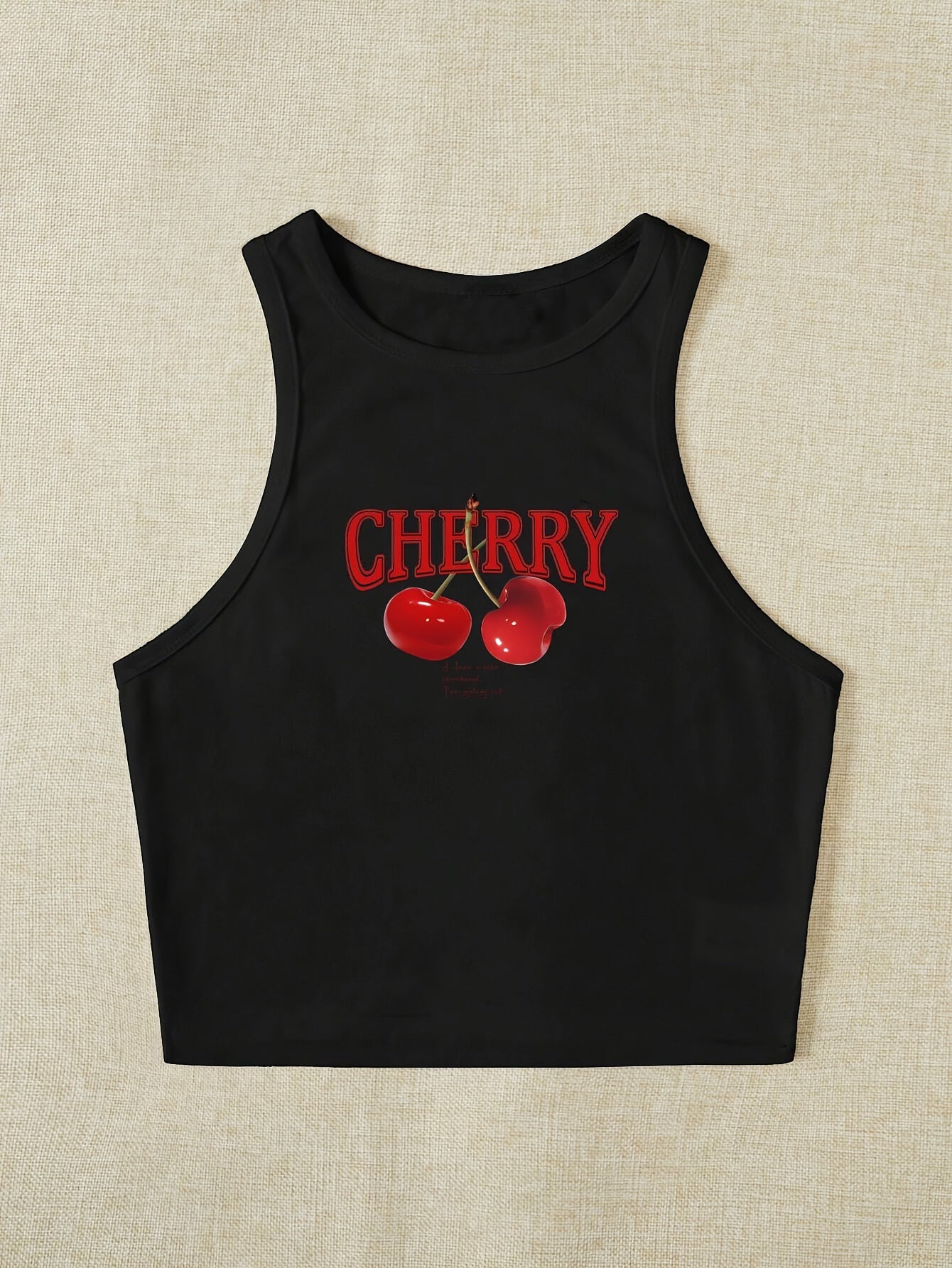 Women's Elegant Cropped Graphic Tank Top - Cherry Print Semi-Sheer Stretchy, Round Neck Sleeveless Shirt, Machine Washable All-Season Casual Top, Ladies Tank Tops, Playful Summer Wear