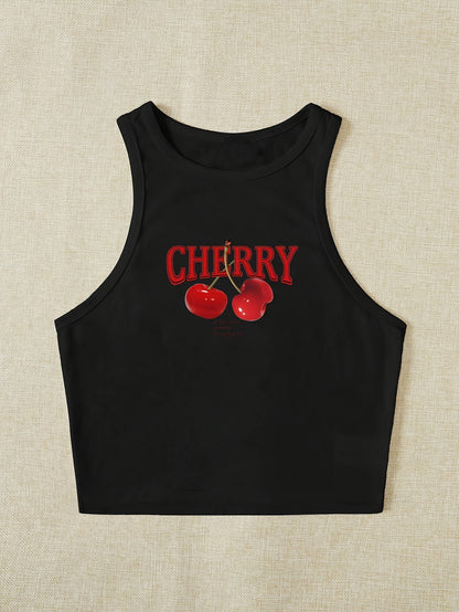 Women's Elegant Cropped Graphic Tank Top - Cherry Print Semi-Sheer Stretchy, Round Neck Sleeveless Shirt, Machine Washable All-Season Casual Top, Ladies Tank Tops, Playful Summer Wear