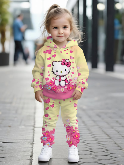 Sanrio 2pcs Girls' Set | for Hello Kitty Floral Heart Digital Print Design, Long Sleeve Hooded Sweatshirt and Pants Outfit, Kids Clothing Gift, Suitable for Autumn/Winter Season, Casual Sportswear Set, Perfect for Outdoor Use