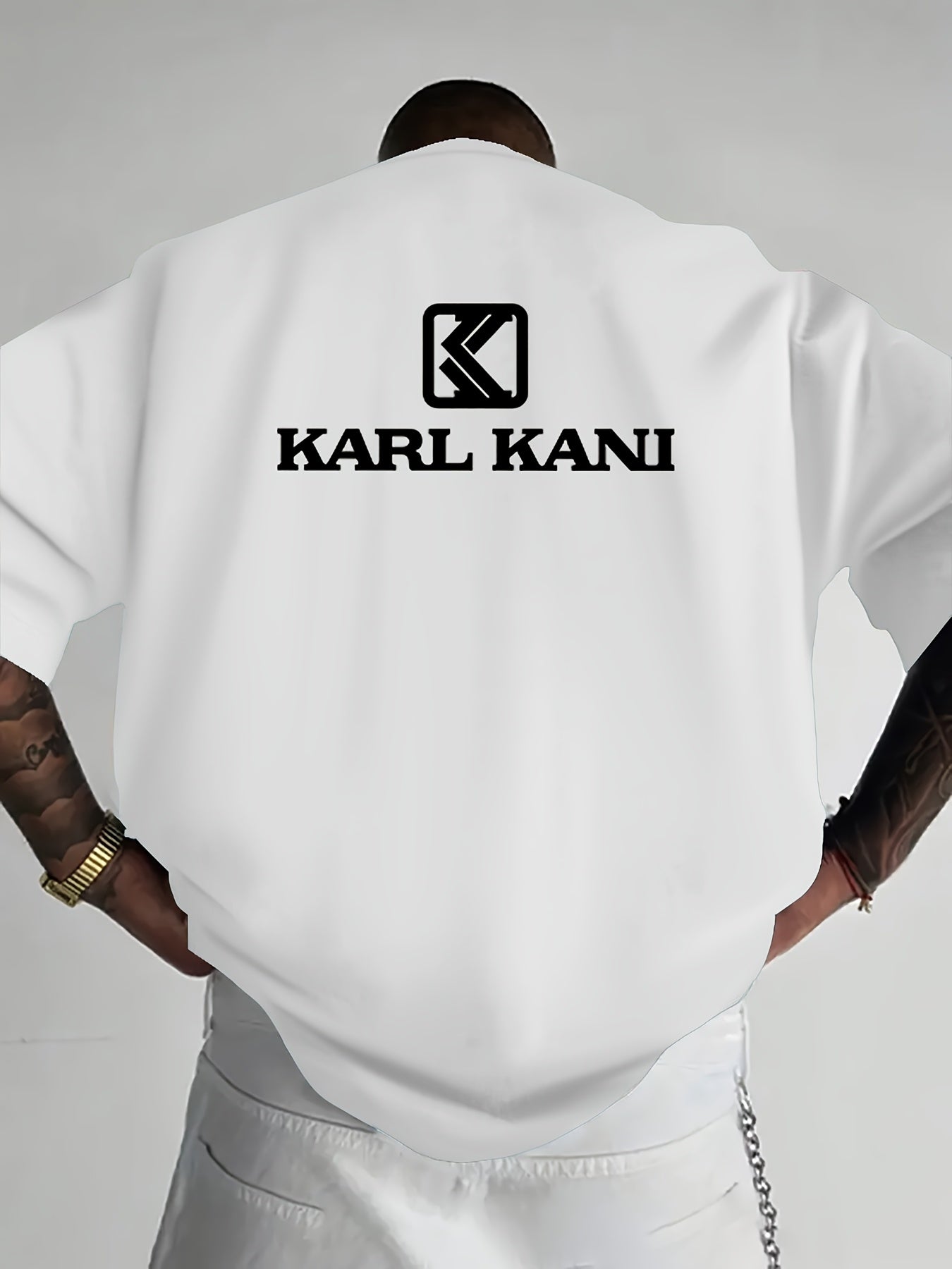 Men'S Casual Crew Neck T-Shirt with "KARL KANI" Graphic - Breathable, Moisture-Wicking, Short Sleeve, Regular Fit, Geometric Pattern, Ideal for Home & Outdoor Activities, All-Season Comfort, Outdoor Clothing | Relaxed Fit Shi