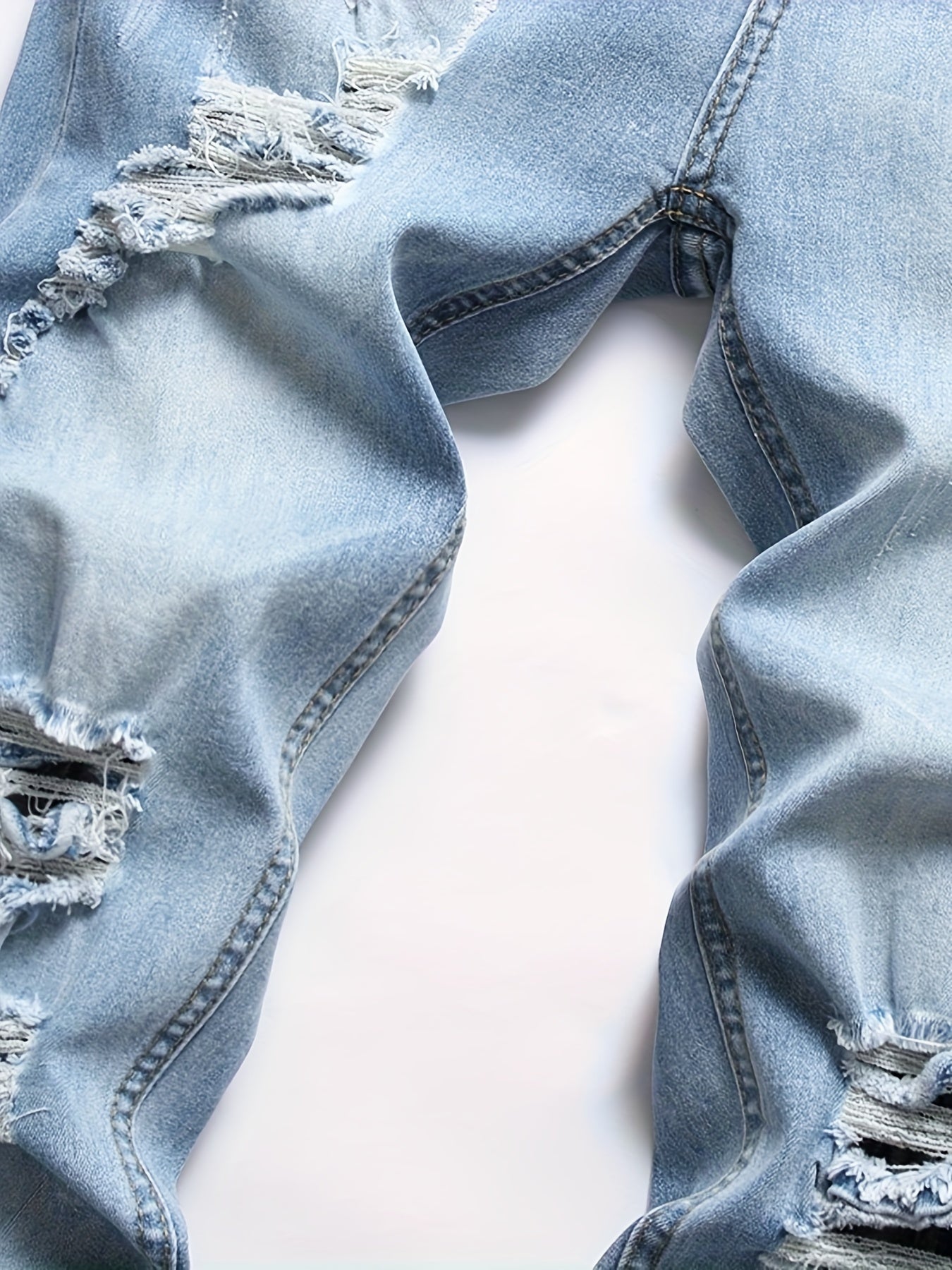 Men'S Slim-Fit Distressed Denim Jeans - Trendy Ripped Knee-Length Casual Pants, Light Blue Raw Wash, Comfortable Stretch Fabric for All-Season Wear, Everyday Fashion, Fashionforward Design, Durable Fabric Construction