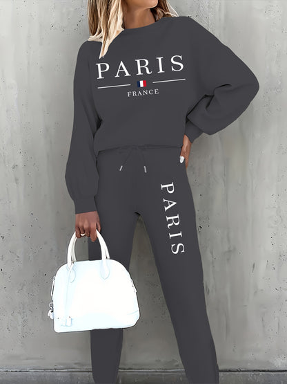 Targeted Autumn and Winter Fashion Print Two-Piece Set, Casual Long-Sleeve Fleece Pullover and Drawstring Jogger Pants Outfit for Women