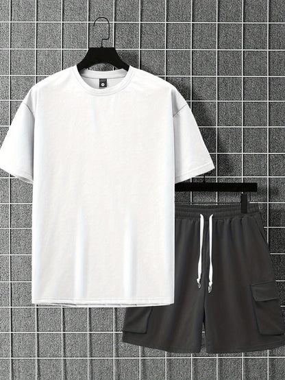 New Loose-Fitting Breathable Men'S Round Neck Short-Sleeved T-Shirt And Workwear Style Multi-Pocket Shorts Set Summer Leisure Sports Two-Piece Suit, Fashionable Sports Casual Versatile Tops And Pants for Men And Women