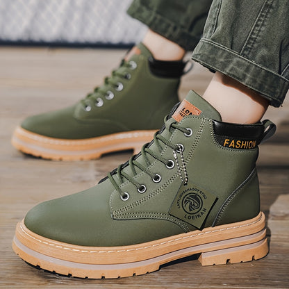 Men'S Olive Green Casual Boots - Comfortable Lace-Up Ankle Boots with Thick Cushioned PVC Sole, Round Toe & Breathable Fabric Lining for All-Season Wear, Everyday Footwear, Minimalist Design, Durable Construction