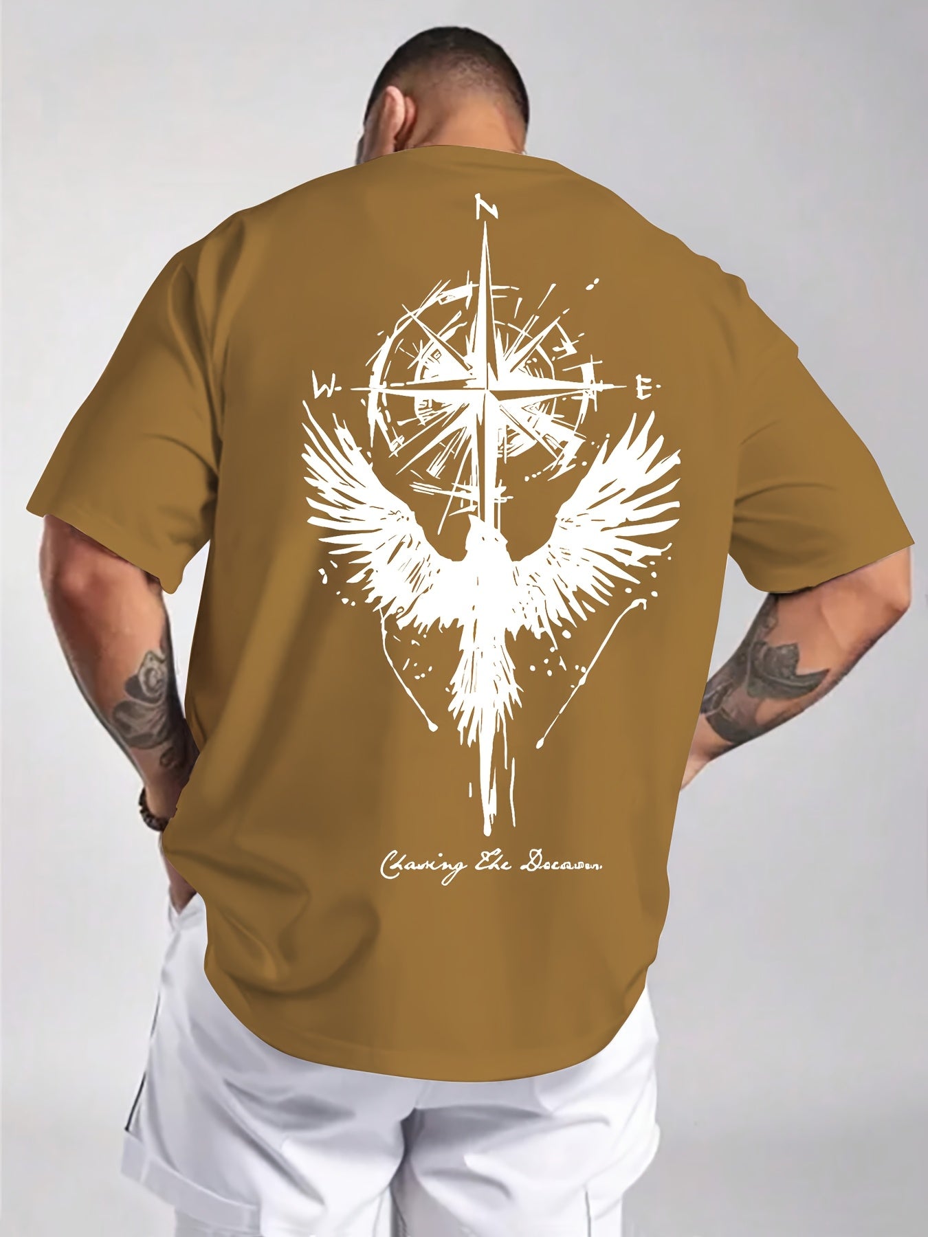 Men'S Summer Short Sleeve T-Shirt with Bold Eagle & Compass Print - Light Blue Casual Round Neck Tee, Comfortable Stretch Fabric for Casual Attire, Everyday Tshirt | Bold Graphic Tee | Comfortable Fit