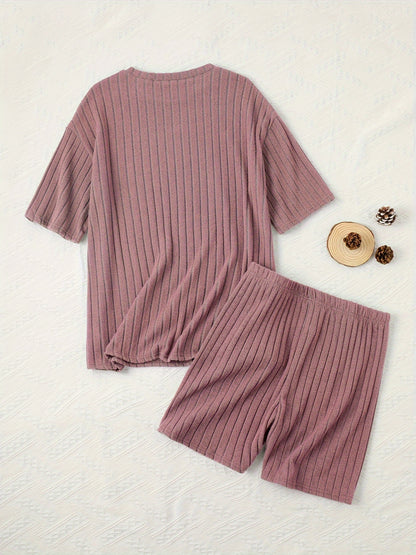 Women's Casual Lounge Set, Plus Size Solid Ribbed Short Sleeve Round Neck Top & Shorts Pajamas 2 Piece Set