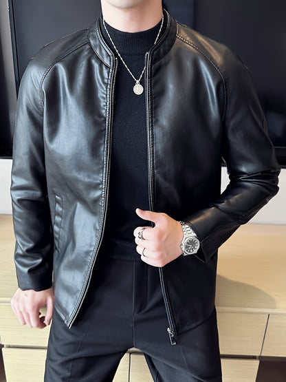 Men's Slim-Fit High Quality Windproof PU Leather Motorcycle Jacket - Vintage Bomber Style with Stand Collar, Ribbed Cuffs & Adjustable Drawstring, Softshell Casual Biker Outerwear, Casual Outerwear | Vintage Bomber Jacket | D