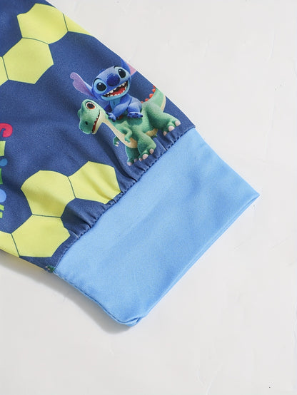 Disney Stitch Print Long Sleeve and Pants Set, Comfortable Flame-Retardant Polyester - Spring/Summer New Stylish Boys' Loungewear - Round Neck, Stretch Fabric, Perfect Birthday Gift, Light Beige-Friendly Kids' Home Outfit
