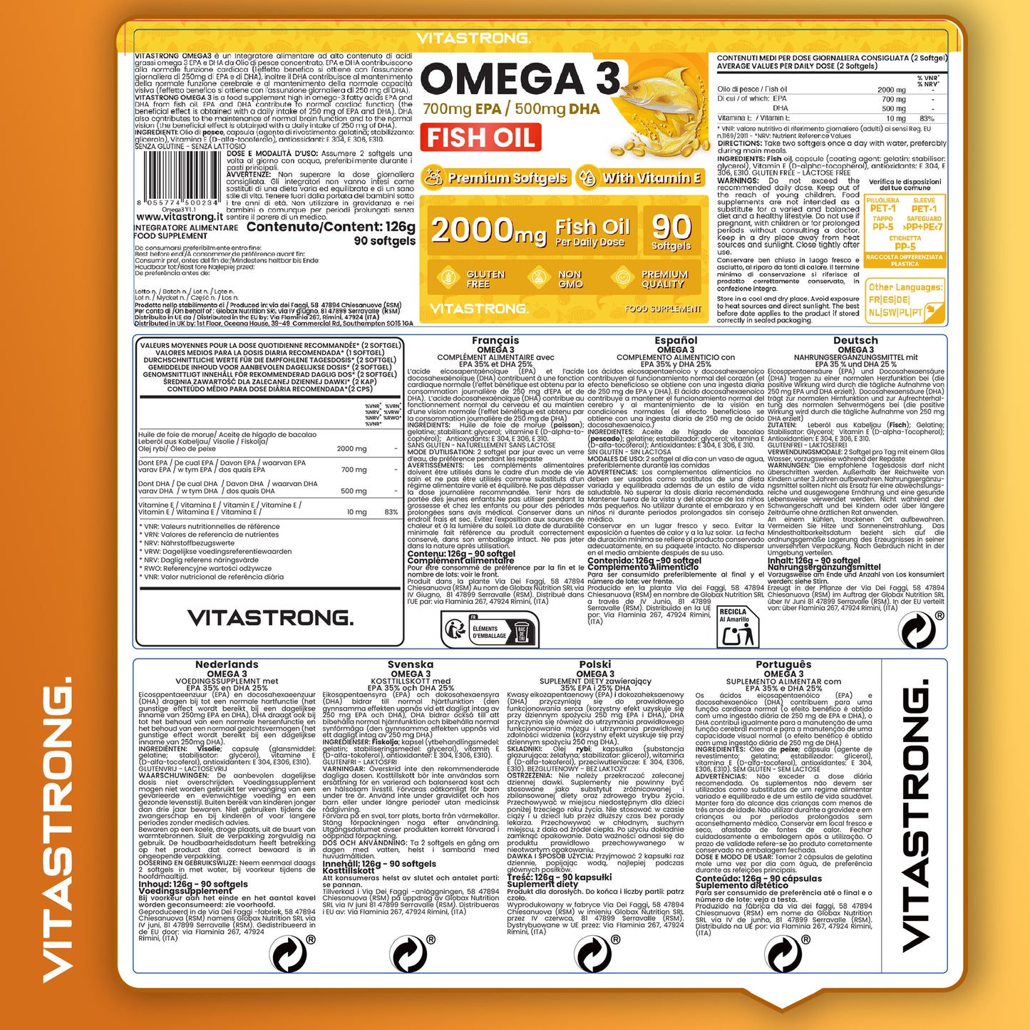 Omega-3 Fish Oil 2000mg High Potency with Vitamin E, Unflavored – Omega-3 Fish Oil with 700mg EPA & 500mg DHA, Pure Omega-3 Supplement for Heart, Brain & Vision Health