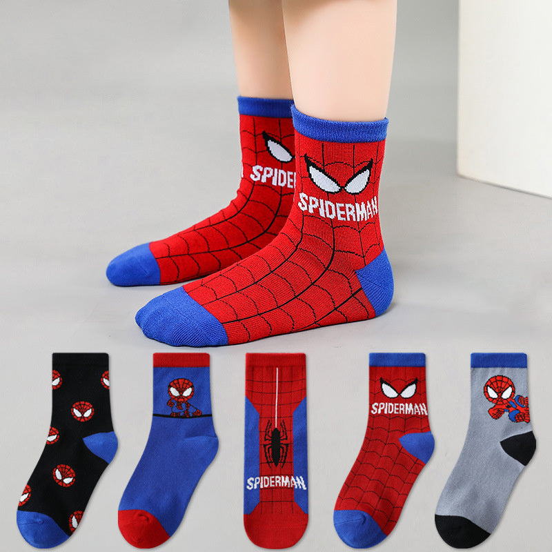 5 Pairs of Marvel Cartoon Character Spider Socks "Swing Into Action! Spider-Hero Kids Socks - Web-Slinging Fun for Little Heroes!" Youngsters' Mid-Calf Socks