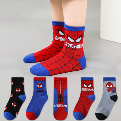 5 Pairs of Marvel Cartoon Character Spider Socks "Swing Into Action! Spider-Hero Kids Socks - Web-Slinging Fun for Little Heroes!" Youngsters' Mid-Calf Socks