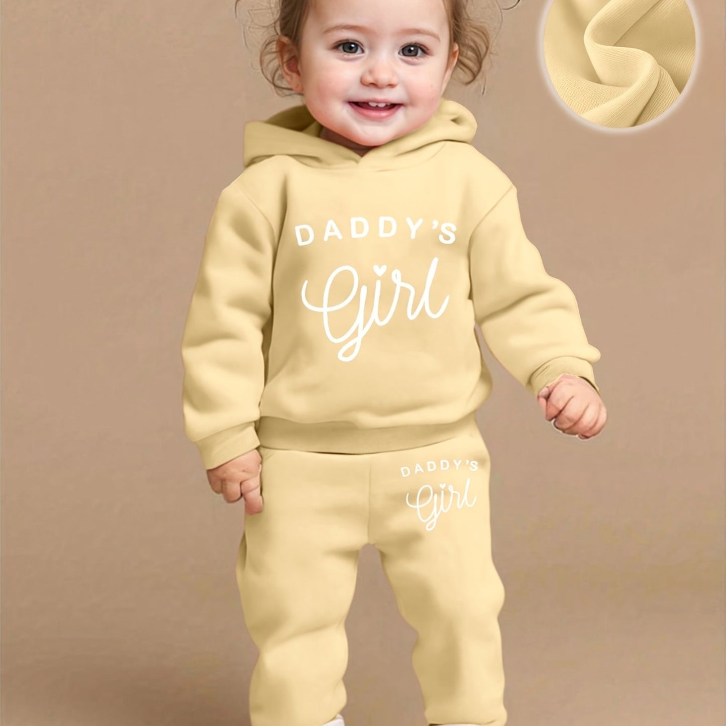 Baby Girl DADDY'S GIRL Letter Print Hoodie & Joggers Set - Soft Yellow Casual Spring/Fall Outfit with White Sneakers, Perfect for Outdoor Play & Family Gatherings, Baby Girl Clothes, Playful Babywear, Comfortable Babywear, fo