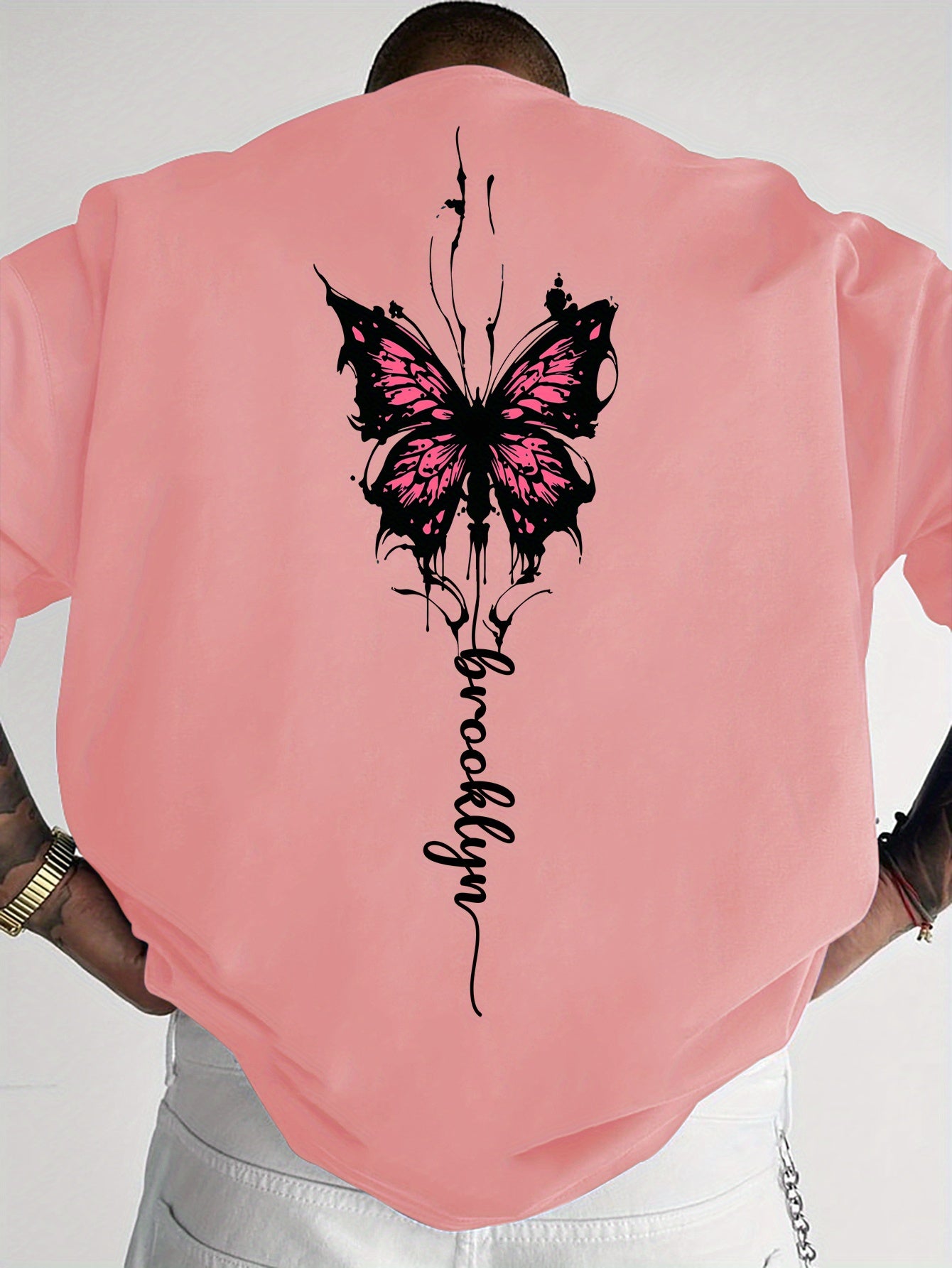 Men's Streetwear Graphic T-Shirt with Pink Butterfly & Brooklyn Letter Print - Loose Fit Casual Summer Tee, Breathable Round Neck Short Sleeve Shirt for Urban Fashion, Casual Attire, Streetstyle Tee, Relaxed Fit Top