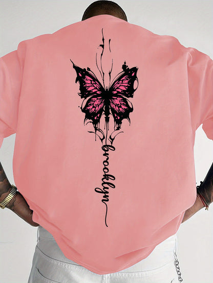 Men's Streetwear Graphic T-Shirt with Pink Butterfly & Brooklyn Letter Print - Loose Fit Casual Summer Tee, Breathable Round Neck Short Sleeve Shirt for Urban Fashion, Casual Attire, Streetstyle Tee, Relaxed Fit Top
