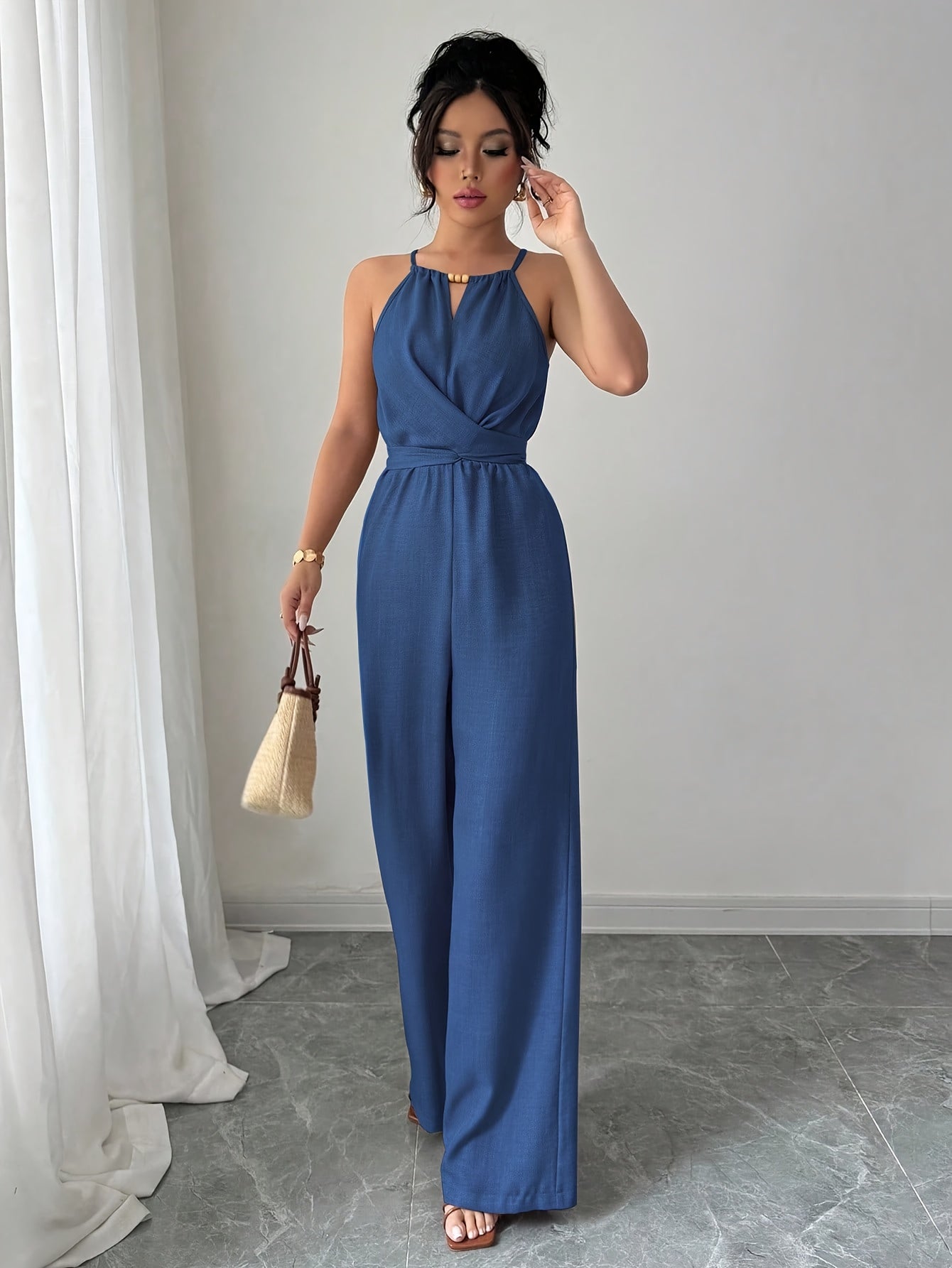 Women'S Elegant Off-Shoulder Twist Front Jumpsuit - Beige Wide-Leg Jumpsuit with Adjustable Waist Tie, Perfect for Spring & Summer Casual or Dressy Outfits, Casual Chic Wear | Offshoulder Fashion | Polyester Fabric
