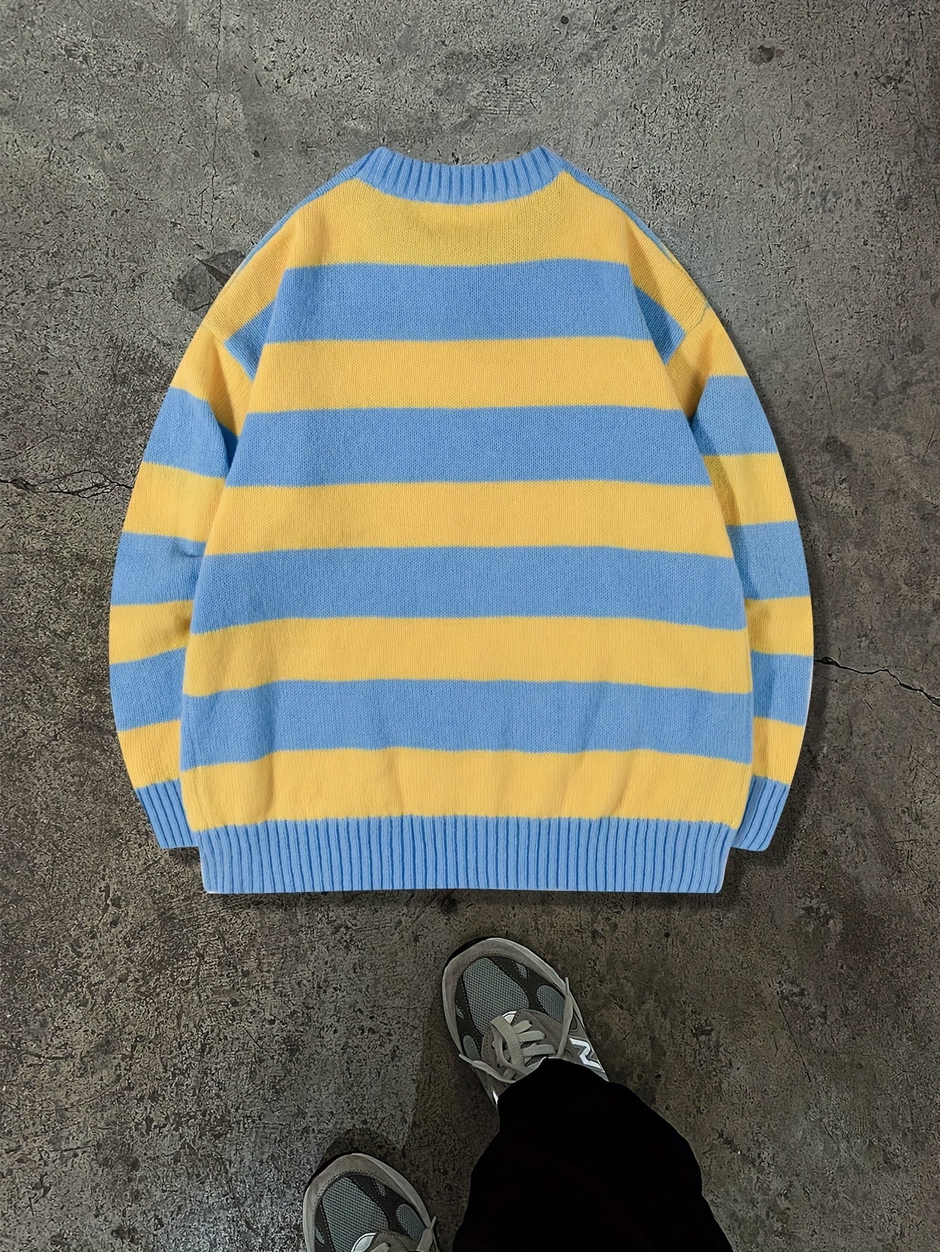 Unisex Streetwear Loose Fit Striped Knit Sweater - Long Sleeve Round Neck All-Season Casual Pullover with Yellow & Blue Horizontal Stripes, Hand Wash Only