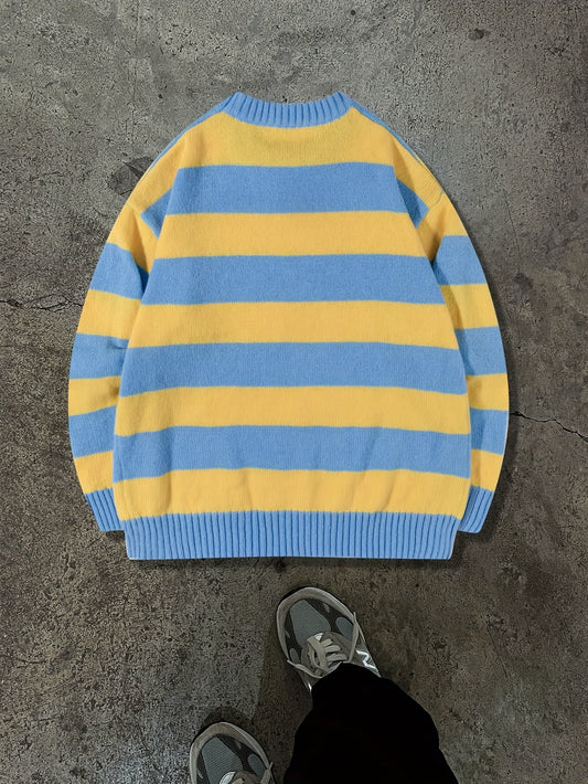 Unisex Streetwear Loose Fit Striped Knit Sweater - Long Sleeve Round Neck All-Season Casual Pullover with Yellow & Blue Horizontal Stripes, Hand Wash Only