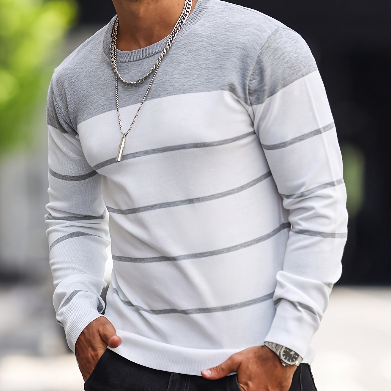 Men's Casual Striped Knit Pullover Sweater - Navy & White Contrast, Regular Fit H-Silhouette, Long Sleeve Crew Neck, Medium Stretch, Machine Washable for Spring & Fall, Mediumstretch Fabric