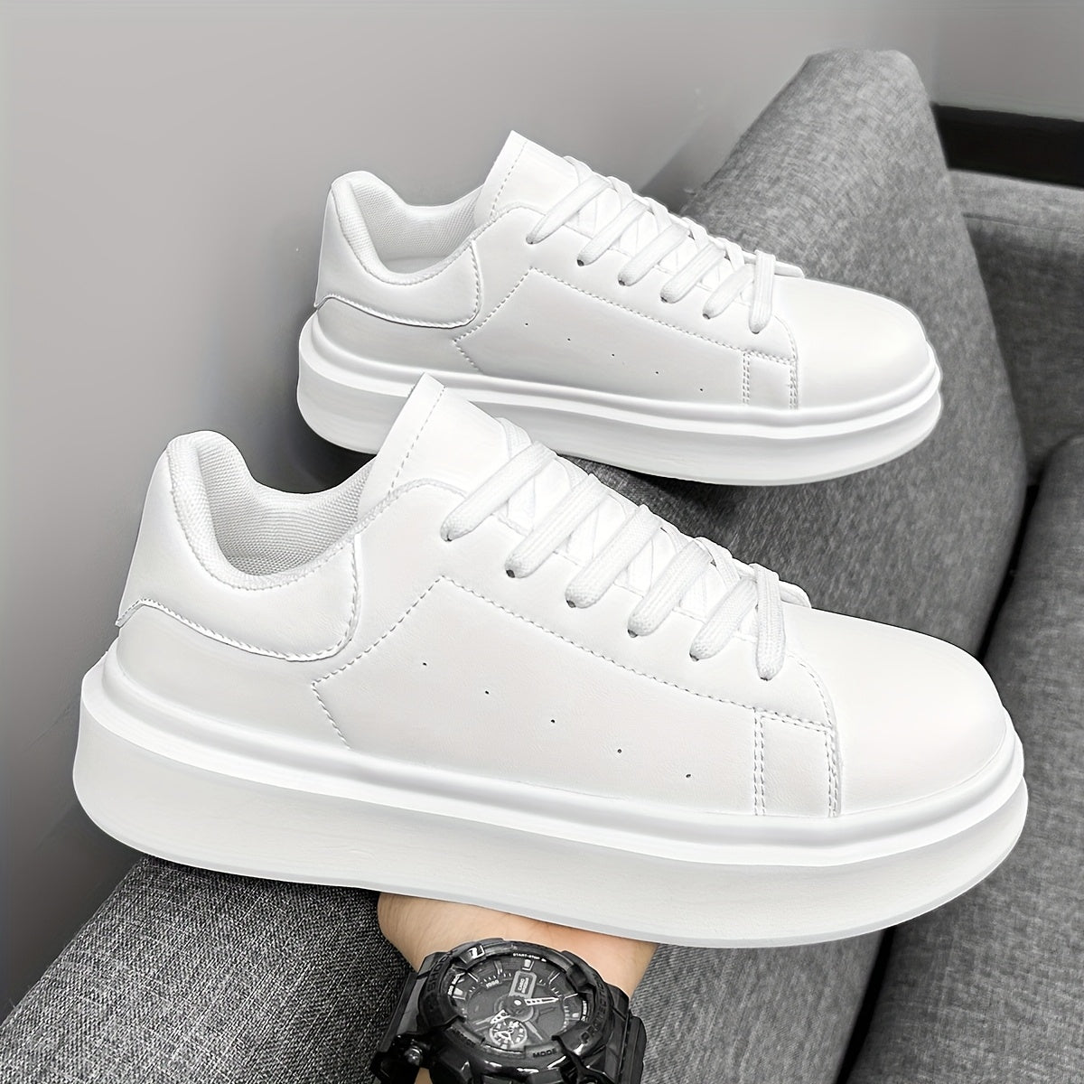 Men'S Classic Solid Color Thick Sole White Shoes, Casual Skateboard Sneakers, Korean Style Versatile Fashion Trend, Lightweight Comfortable Durable Casual Sports Shoes