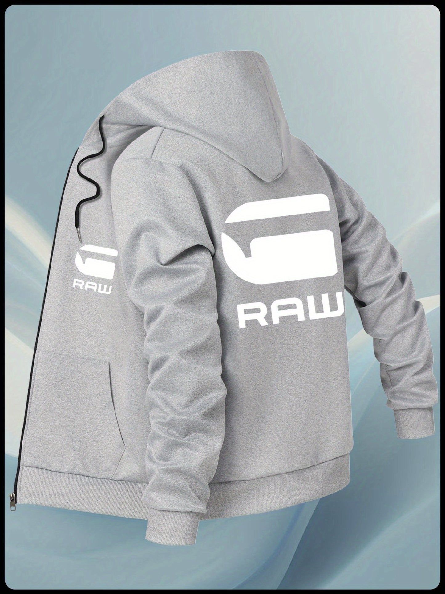 Men'S Casual Hooded Jacket with "RAW" Graphic Print - Light Gray Zip-Up Coat, Polyester Lining, Regular Fit, Front Pockets, Casual Outerwear | Trendy Casual Jacket | Polyester Lined Interior