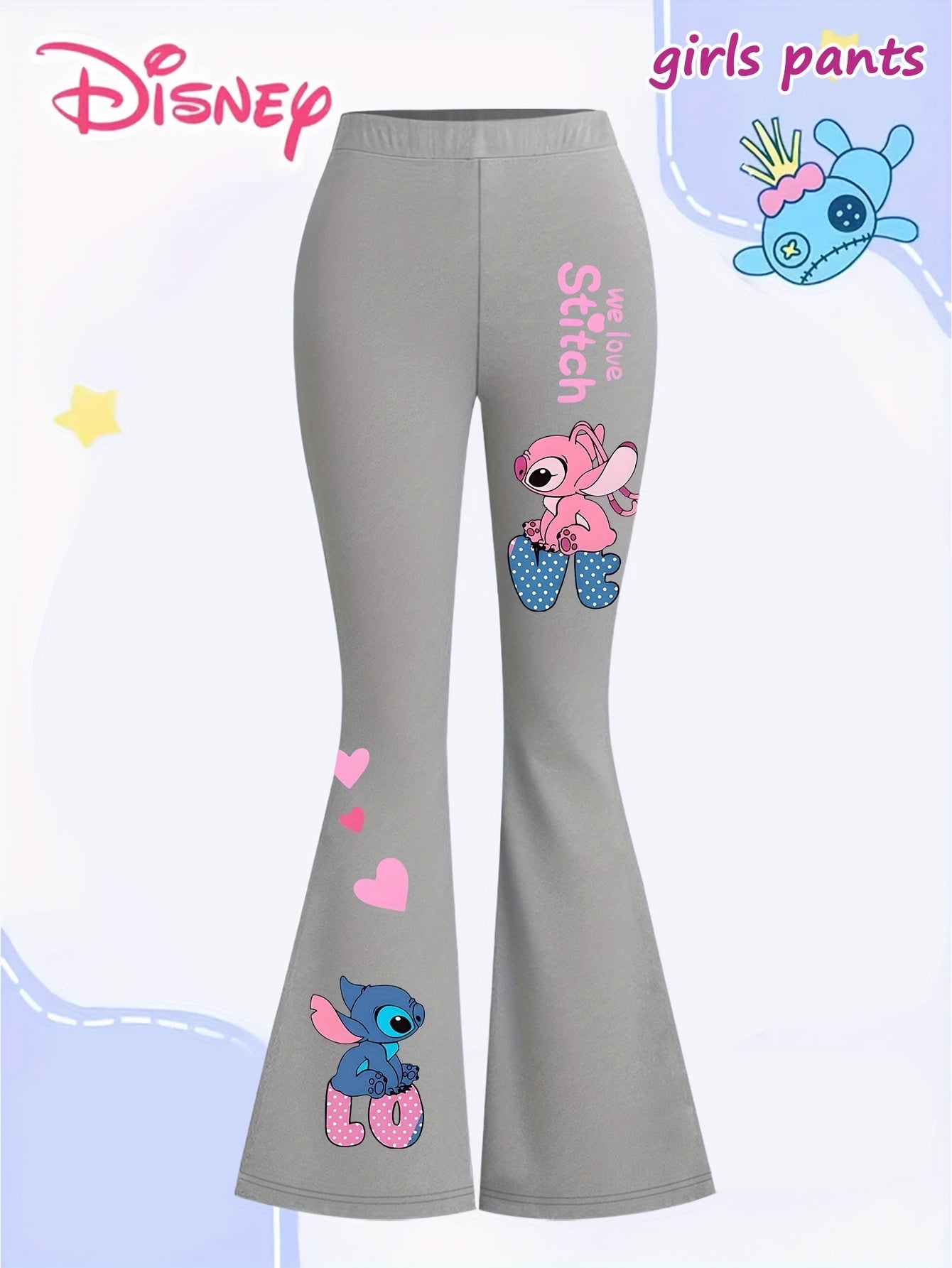 Disney Stitch Girls' Flare Pants - Official Stitch Character Design with Bell Bottoms, Grey with Pink Accents, Machine Washable Birthday Outfit for Disney Fans (Kids Girls) - Perfect Gift for Stitch Lovers, Everyday Kids Clot