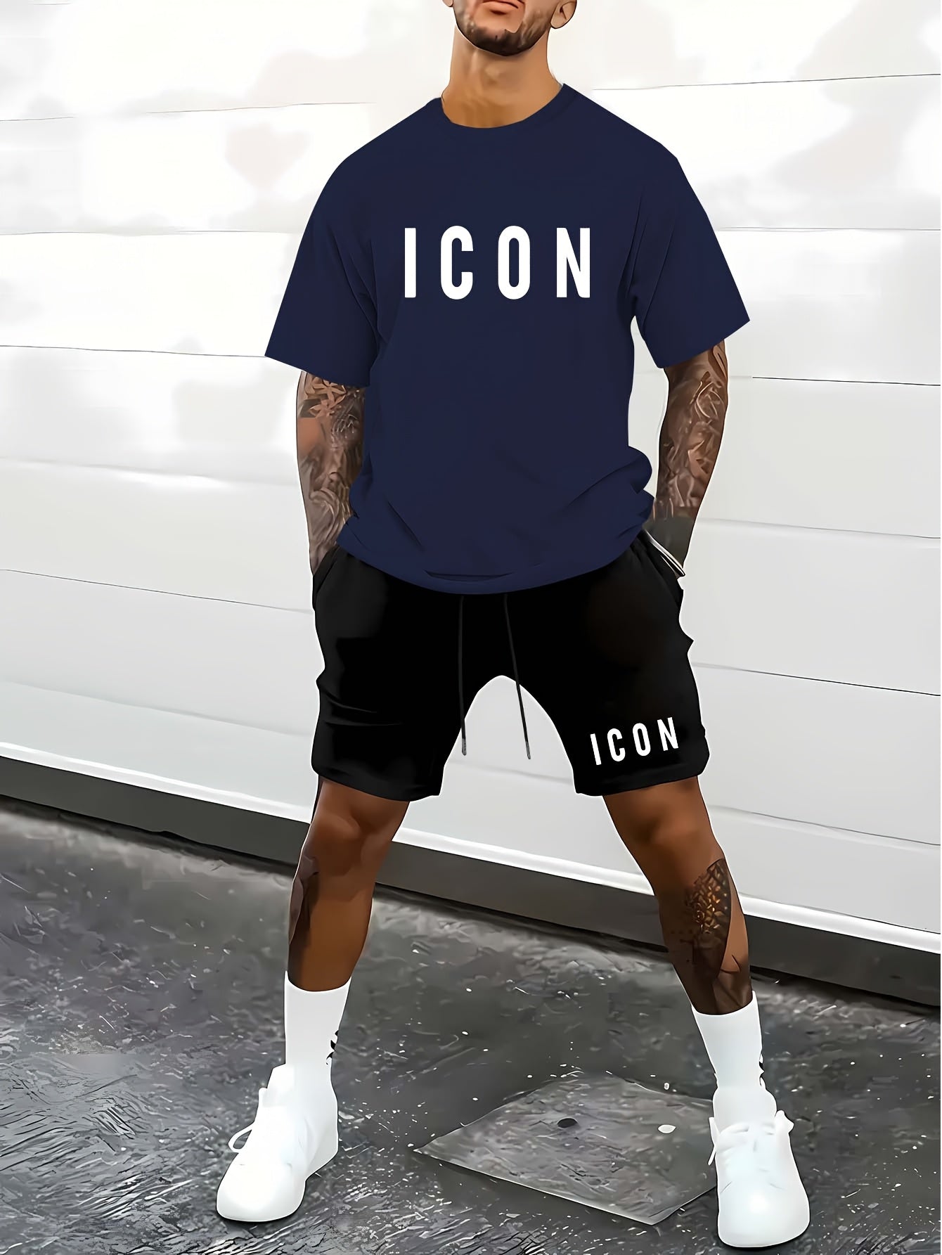 Men'S Casual Sporty Outdoor Two-Piece Set - Summer T-Shirt & Shorts with Bold "ICON" Print, Geometric Pattern, Regular Fit, Crew Neck, Light Blue & Black, Comfortable for Casual Attire, Leisure Clothing | Bold Print Shirt | C