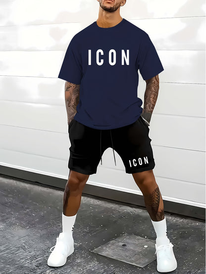 Men'S Casual Sporty Outdoor Two-Piece Set - Summer T-Shirt & Shorts with Bold "ICON" Print, Geometric Pattern, Regular Fit, Crew Neck, Light Blue & Black, Comfortable for Casual Attire, Leisure Clothing | Bold Print Shirt | C