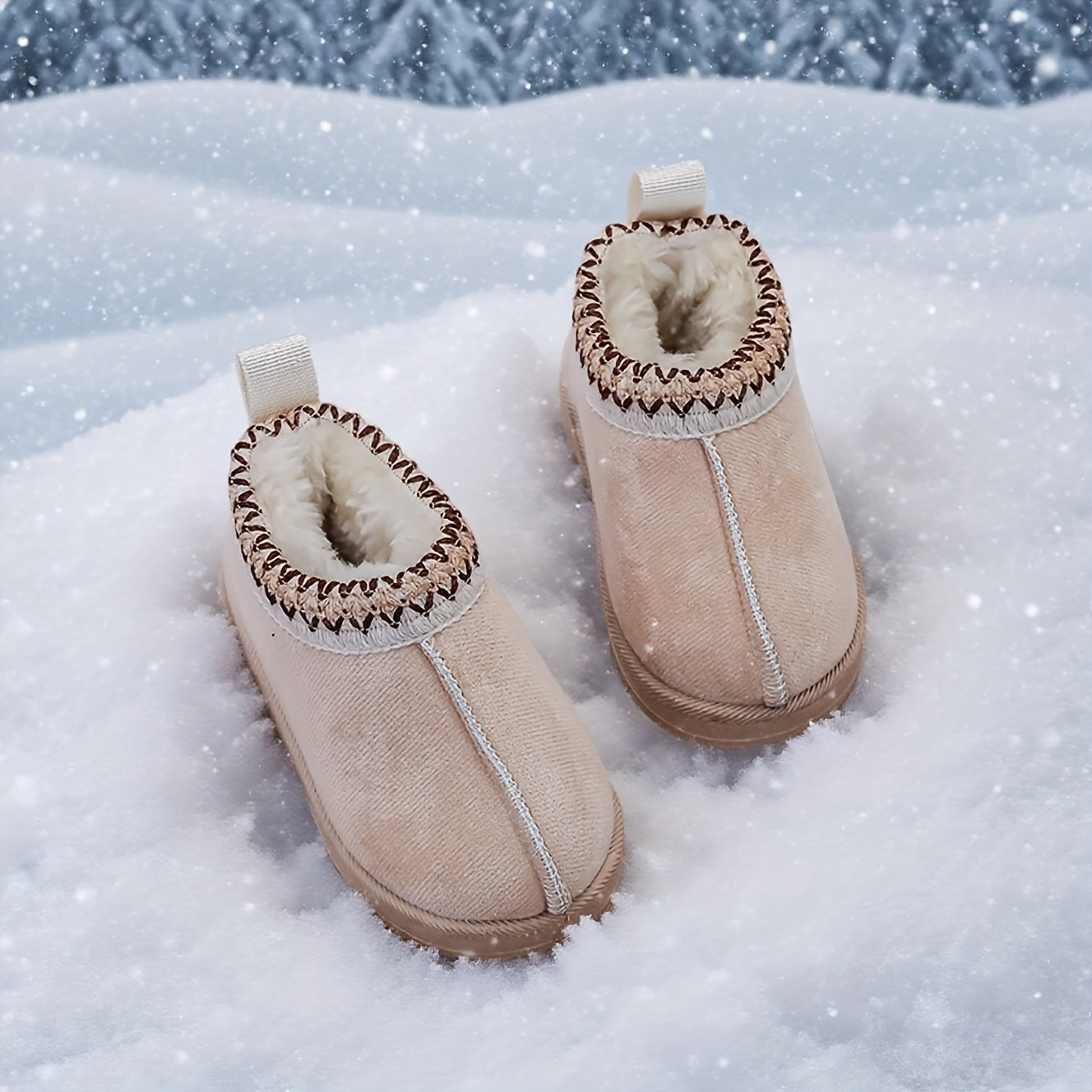 Girls' Winter Snow Boots with Plush Faux Fur Collar & Non-Slip Rubber Sole - Soft Fabric Upper, Mid-Calf Height, Round Toe Design for Outdoor Hiking, Casual Wear - Cozy Warm Slip-On Boots for Youngsters & Youngsters (Autumn/W