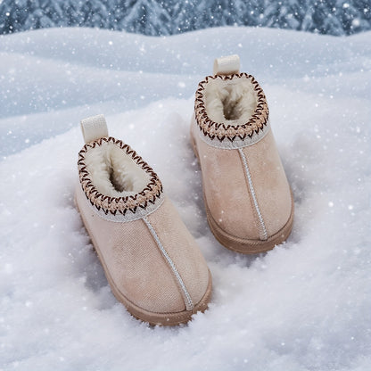 Girls' Winter Snow Boots with Plush Faux Fur Collar & Non-Slip Rubber Sole - Soft Fabric Upper, Mid-Calf Height, Round Toe Design for Outdoor Hiking, Casual Wear - Cozy Warm Slip-On Boots for Youngsters & Youngsters (Autumn/W