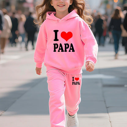 Fashionable Autumn And Winter Casual Sports Style for And "I Love Dad" Cartoon Popular Print Pattern Long-Sleeved Plus Velvet Warm Hooded Sweatshirt + Sweatpants Two-Piece Set, for Outdoor