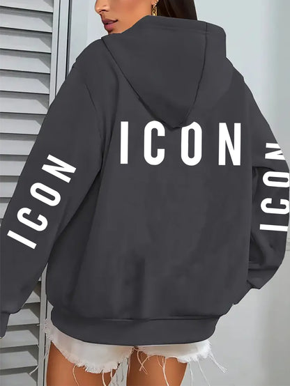 1pc Women'S Pink Hoodie with "ICON" Letter Print - Cozy Long-Sleeve Zip-Up Sweatshirt, Machine Washable, Casual Fall/Winter Pullover with Pockets, Casual Winter Wear | Trendy Casual Hoodie | Machine Washable Fabric
