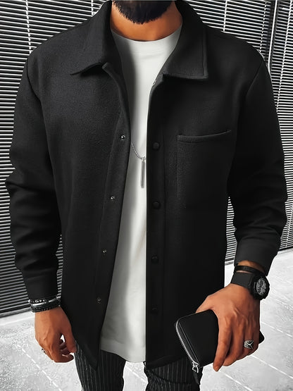 Men's Casual Button-Up Jacket with Front Pocket and Turn-Down Collar, Solid Color, PLUS SIZE