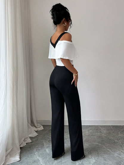 Oriented Women's Elegant Color Block Spliced Off-Shoulder Short Sleeve Wide Leg Straight-Leg Jumpsuit