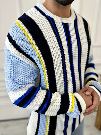 Men's Casual Striped Knit Sweater - Black & Yellow Contrast Long Sleeve Pullover with Round Neck, Regular Fit for Office Commute & Streetwear | Autumn Winter Fashion, Knit Sweater, Winter Wardrobe, Trendy Knitwear, Durable Fa