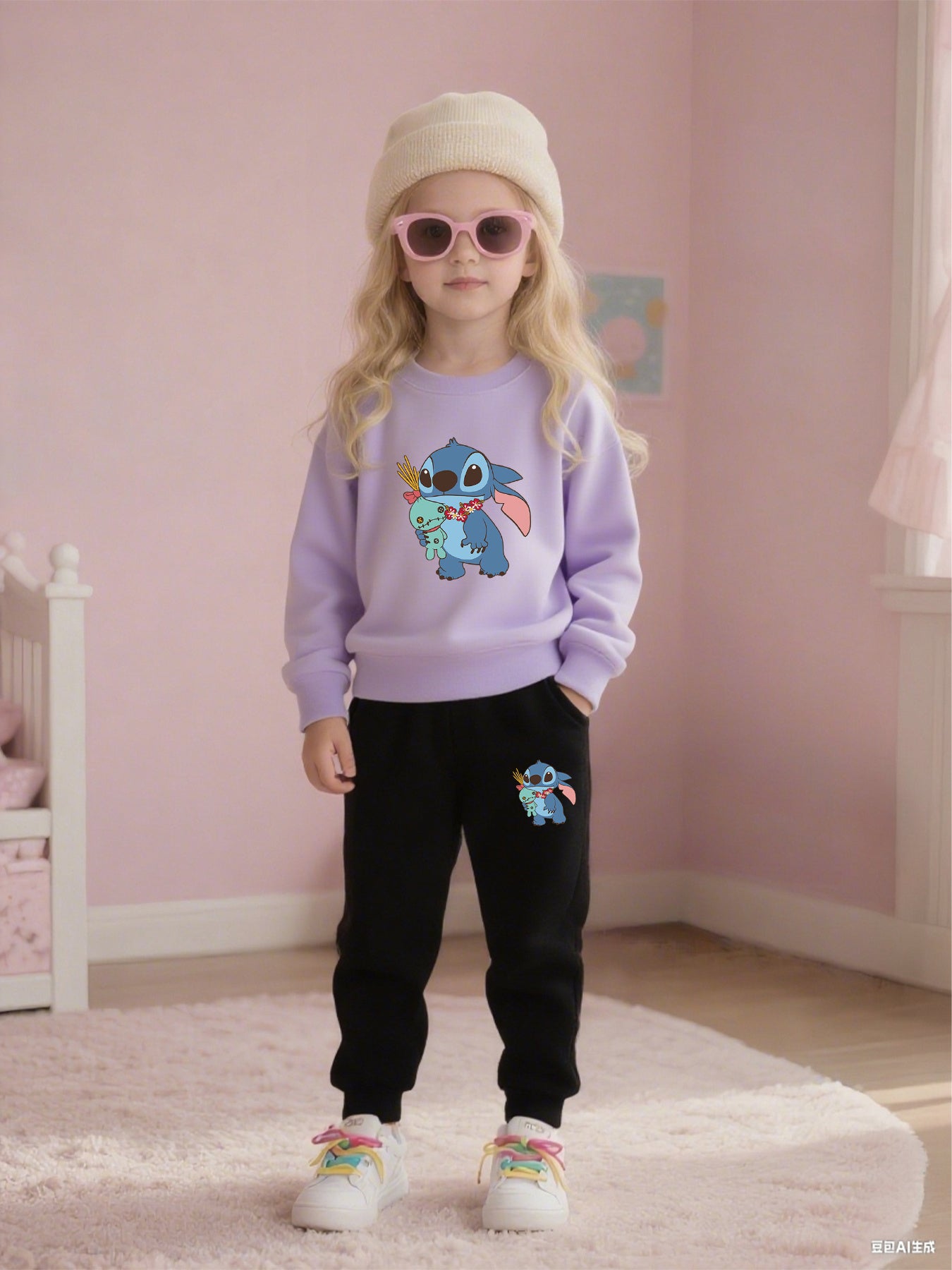 2pcs Disney Kids Casual Sweatshirt & Pants Set Stitch's Adorable Floral Adventure: A Heartwarming Cartoon Tale Long-Sleeve Crewneck, Children's clothing suitable for autumn and winter seasons, featuring cute cartoon patterns.